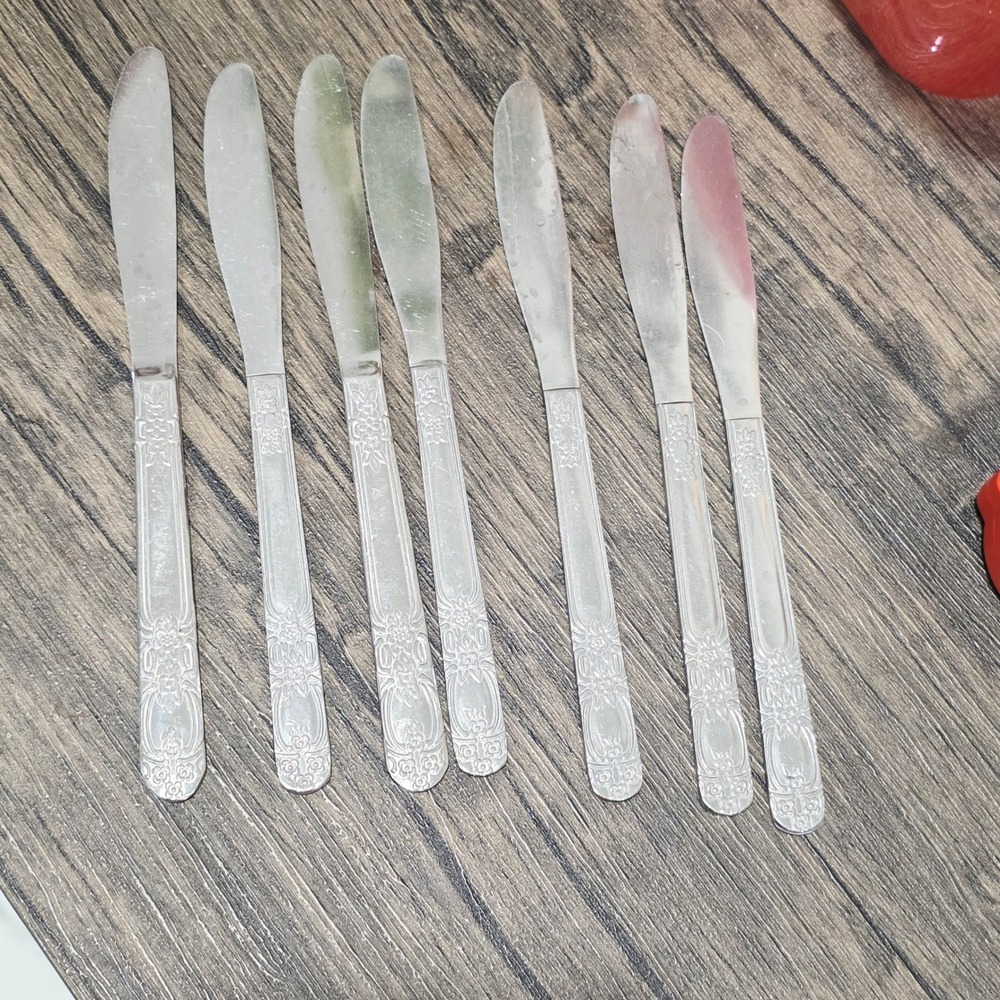 Set of 7 Stainless China Butter Knives Serrated Edge Floral Handle‎ Cutlery VTG